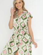 unigirl Rochie cămașă Midi Verde cu model geometric și curea din material Eugenania