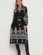 unigirl Rochie Cămașă Neagră cu Model Etnic cu Curea Avierira