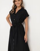 unigirl Rochie cămașă Neagră cu nasturi cu cordon din material în talie Qisofia