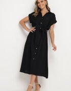 unigirl Rochie cămașă Neagră cu nasturi cu cordon din material în talie Qisofia