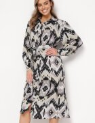 unigirl Rochie Cămașă Negru-Gri Midi cu Model Etnic și Cordon Nod Mithera