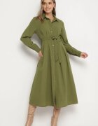 unigirl Rochie Cămașă Verde cu Croială Cloș cu Cordon din Material Nerisela