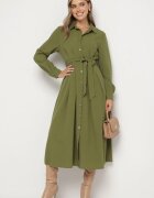 unigirl Rochie Cămașă Verde cu Croială Cloș cu Cordon din Material Nerisela