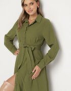 unigirl Rochie Cămașă Verde cu Croială Cloș cu Cordon din Material Nerisela