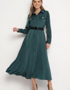 unigirl Rochie cămașă Verde din Satin Decorată cu o Curea și Imitații de Buzunare Vamilea