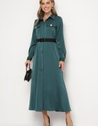 unigirl Rochie cămașă Verde din Satin Decorată cu o Curea și Imitații de Buzunare Vamilea