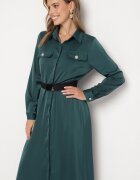unigirl Rochie cămașă Verde din Satin Decorată cu o Curea și Imitații de Buzunare Vamilea