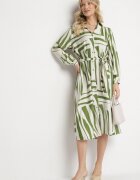 unigirl Rochie Cămașă Verde din Viscoză cu Imprimeu Geometric Legată în Talie Ninalora