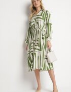 unigirl Rochie Cămașă Verde din Viscoză cu Imprimeu Geometric Legată în Talie Ninalora