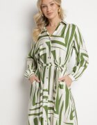 unigirl Rochie Cămașă Verde din Viscoză cu Imprimeu Geometric Legată în Talie Ninalora