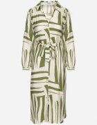 unigirl Rochie Cămașă Verde din Viscoză cu Imprimeu Geometric Legată în Talie Ninalora