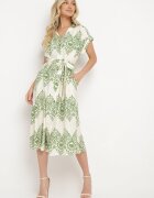 unigirl Rochie Cambrată Verde-Bej Boho din Viscoză Legată în Talie cu Cordon Losofia