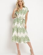 unigirl Rochie Cambrată Verde-Bej Boho din Viscoză Legată în Talie cu Cordon Losofia