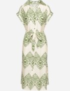 unigirl Rochie Cambrată Verde-Bej Boho din Viscoză Legată în Talie cu Cordon Losofia