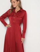 unigirl Rochie Evazată Bordou cu Croi tip Cămașă Imitație de Buzunare și Elastic în Talie Rizza