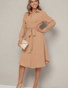 unigirl Rochie Midi Cămașă Maro cu nasturi și curea din material Tetenai
