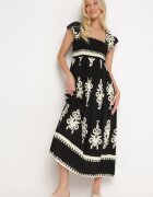 unigirl Rochie neagră Boho din viscoză cu bretele late cu elastic în talie și volan Cleria