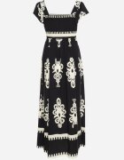 unigirl Rochie neagră Boho din viscoză cu bretele late cu elastic în talie și volan Cleria