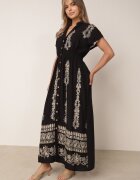 unigirl Rochie neagră brodată cambrată din bumbac decorată cu fir argintiu și elastice Ellofia
