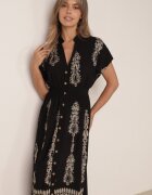 unigirl Rochie neagră brodată cambrată din bumbac decorată cu fir argintiu și elastice Ellofia