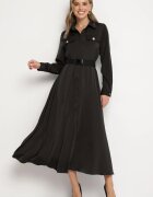unigirl Rochie Neagră Camisieră din Satin cu centură și Imitații de Buzunare Vamilea