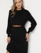 unigirl Rochie Neagră cu Viscoză Decorată cu Mâneci Plisate și Curea Daikari