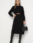 unigirl Rochie Neagră cu Viscoză Decorată cu Mâneci Plisate și Curea Daikari