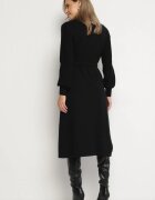 unigirl Rochie Neagră cu Viscoză Decorată cu Mâneci Plisate și Curea Daikari