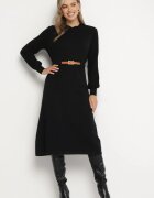 unigirl Rochie Neagră cu Viscoză Decorată cu Mâneci Plisate și Curea Daikari
