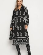 unigirl Rochie Neagră de Cămașă Decorată cu Model Ornamental cu Cordon Legat Roriola