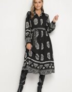 unigirl Rochie Neagră de Cămașă Decorată cu Model Ornamental cu Cordon Legat Roriola