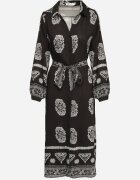 unigirl Rochie Neagră de Cămașă Decorată cu Model Ornamental cu Cordon Legat Roriola