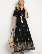 unigirl Rochie Neagră din Vâscoză Boho cu Croi Evazat Broderie și Legătură Lilvanis