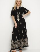 unigirl Rochie Neagră din Vâscoză Boho cu Croi Evazat Broderie și Legătură Lilvanis