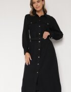 unigirl Rochie neagră din vâscoză cu croială tip cămașă cu cordon cu cataramă și buzunare Lisavianna