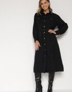 unigirl Rochie neagră din vâscoză cu croială tip cămașă cu cordon cu cataramă și buzunare Lisavianna