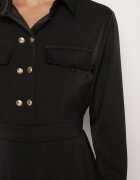 unigirl Rochie Neagră Evazată cu croială tip cămașă cu imitație de buzunare și elastic în talie Rizza