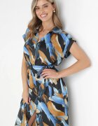unigirl Rochie Negru-Albastră stil cămașă Midi cu cordon din material și mâneci scurte Brala