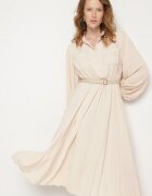 unigirl Rochie Plisată Midi Bej cu Curea cu Guler și Buzunare Themirlla