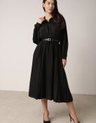 unigirl Rochie Plisată Midi Neagră cu Curea cu Guler și Buzunare Themirlla