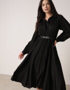 unigirl Rochie Plisată Midi Neagră cu Curea cu Guler și Buzunare Themirlla