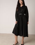 unigirl Rochie Plisată Midi Neagră cu Curea cu Guler și Buzunare Themirlla