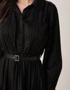 unigirl Rochie Plisată Midi Neagră cu Curea cu Guler și Buzunare Themirlla