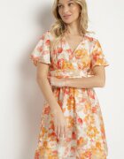 unigirl Rochie Portocalie cu Decolteu Petrecut din Vâscoză cu Flori Sovedia