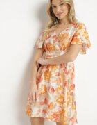 unigirl Rochie Portocalie cu Decolteu Petrecut din Vâscoză cu Flori Sovedia