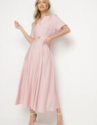unigirl Rochie Roz din viscoză cu in cu croială evazată cu centură cu cataramă Linalin