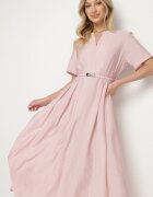 unigirl Rochie Roz din viscoză cu in cu croială evazată cu centură cu cataramă Linalin