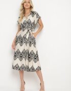 unigirl Rochie Taliată Boho din Vâscoză Bej-Neagră Legată în Talie cu Curea Losofia