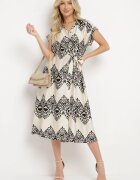 unigirl Rochie Taliată Boho din Vâscoză Bej-Neagră Legată în Talie cu Curea Losofia