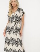 unigirl Rochie Taliată Boho din Vâscoză Bej-Neagră Legată în Talie cu Curea Losofia